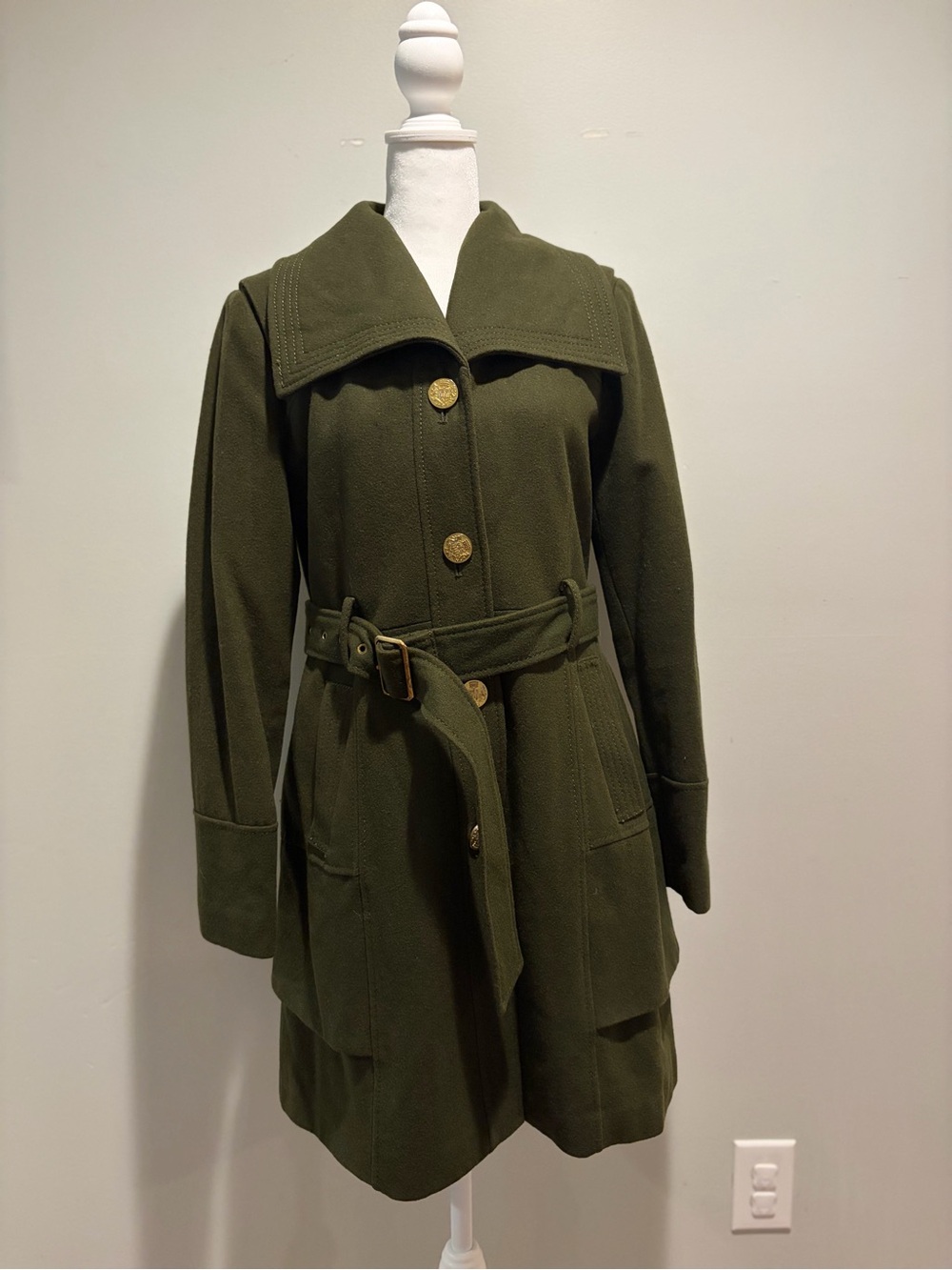 Guess Olive Green Belted Trench Coat with Gold Buttons